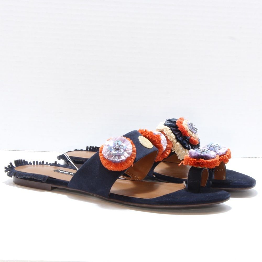 Nine West Womens' Sendran Navy Floral Open Toe Sandal NWT